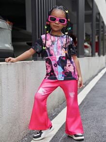 SHEIN 2入組少女動漫明星和動漫人物圖案圓領短袖t恤和破洞印花喇叭褲套裝,夏季穿著 - 黑色 - 查看 4