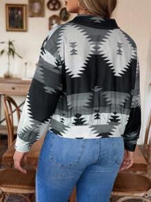 SHEIN LUNE Kích thước lớn Họa tiết Hình học Nút Lên Áo khoác - Xám - Xem 2