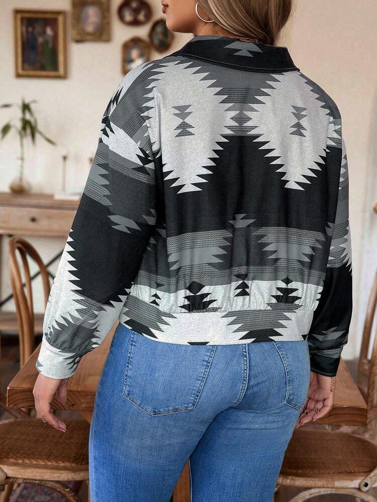 Plus Size Geometric Pattern Button Up Jacket Fall Cloth For Women