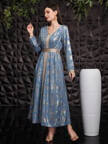 Al Najma 女性優雅v領連衣裙 - 藍色 - 查看 1