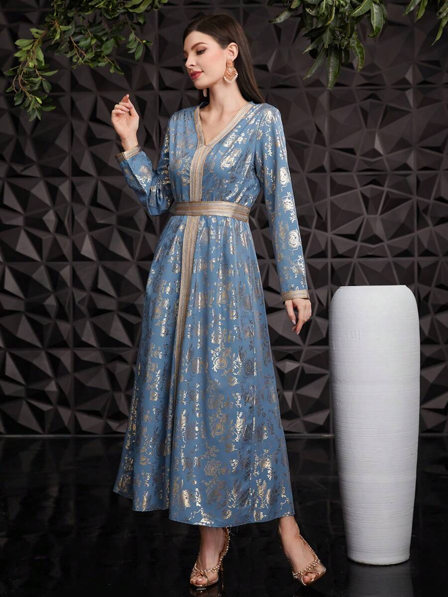 Al Najma 女性優雅v領連衣裙 - 藍色 - 查看 1