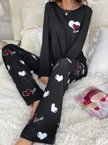 Heart And Letter Print Long Sleeve Pajama Set, Fall Winter Clothes - Black - View 5