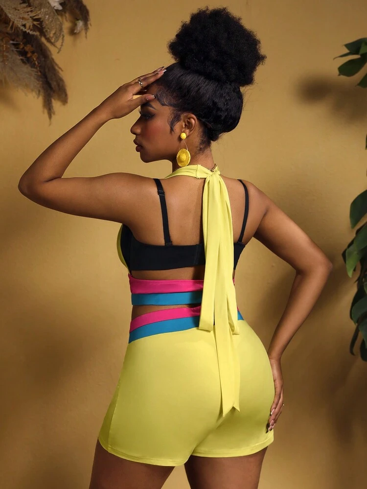 Plus Size Casual Slim Fit Color Block Halter Top With Strap And Shorts Set
