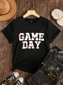 SHEIN LUNE 比赛日休闲棒球图案短袖修身女式 T 恤，适合夏季 - 黑色 - 查看 4