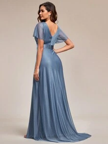 Vestido de fiesta elegante con lentejuelas, cuello en V brillante con mangas con volantes, vestido de dama de honor azul claro, vestido de noche formal/cóctel semiformal para boda de primavera - Neblina azul - Ver 3