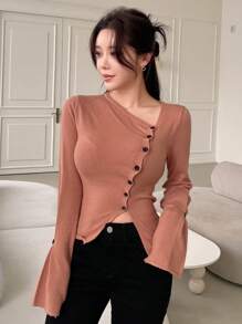 DAZY 纯色修身长袖不对称女式毛衣，秋装 - 咖啡棕 - 查看 5