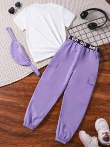 Tween Girls' Slogan And Heart Printed Round Neck Short Sleeve T-Shirt With Cargo Pants 2pcs/Set - Purple - View 2