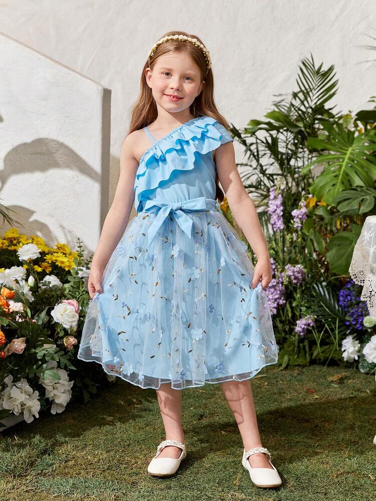 Young Girls' Double Layer Ruffle Trim Top And Embroidered Mesh Overlay Skirt Set