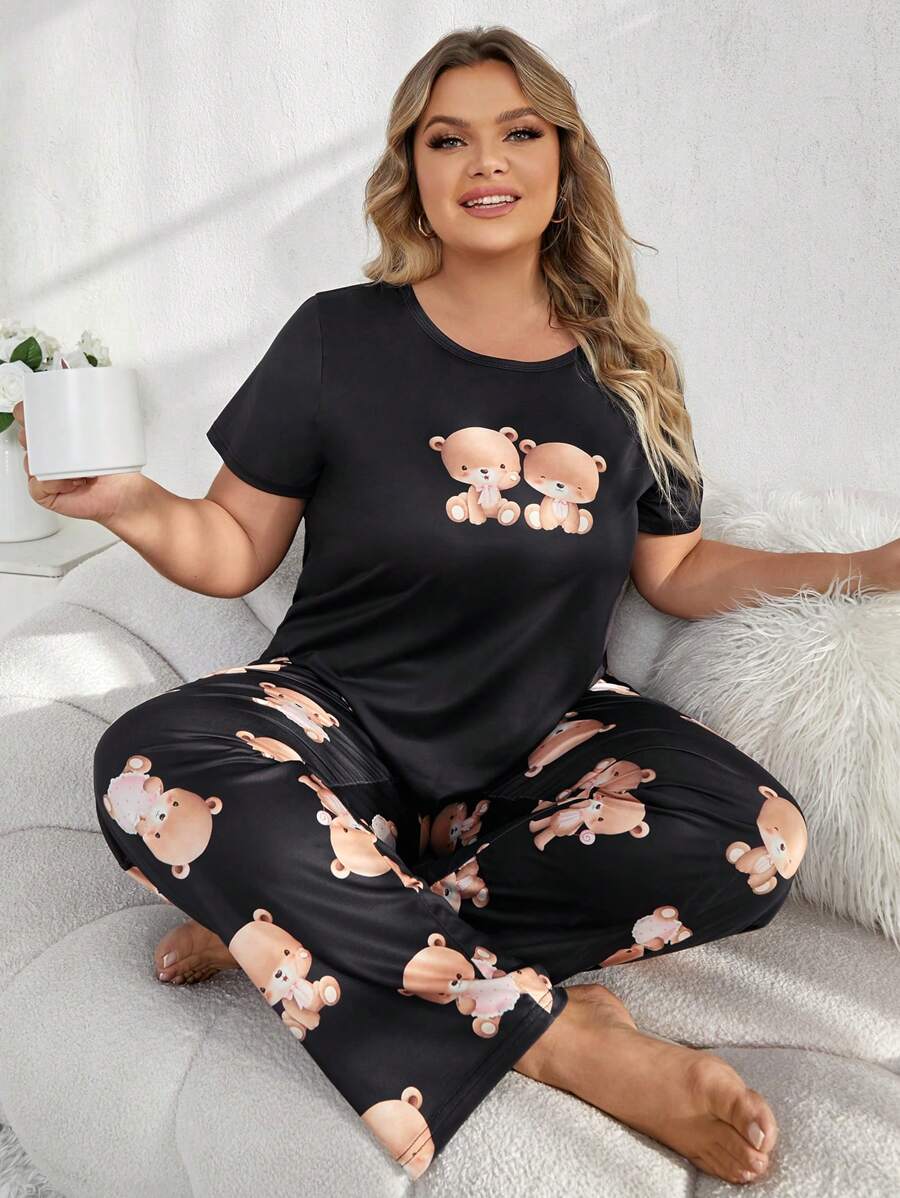 大尺碼熊印花家居服套裝 - 彩色 - 查看 1