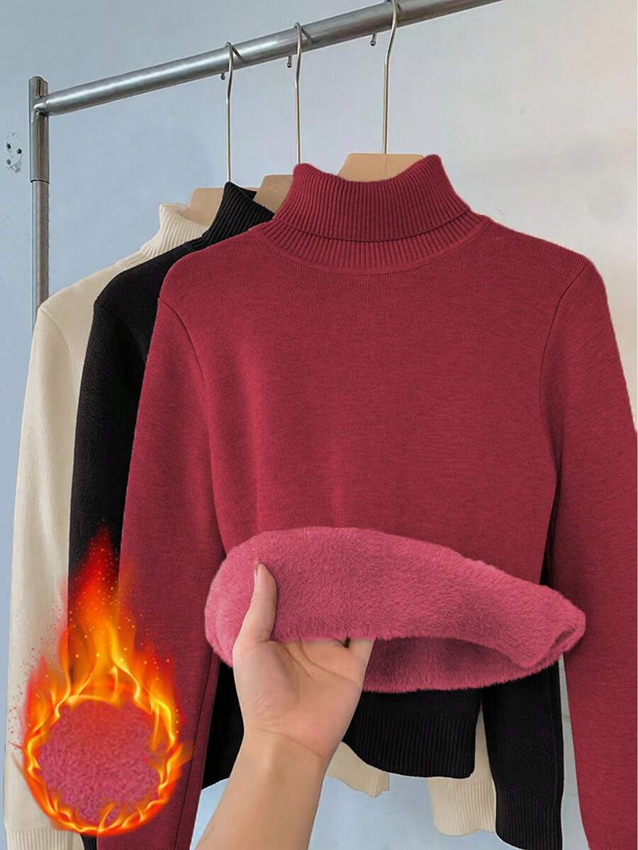 Calvaya Plus Size Solid Color High Neck Thickened Sweater Knit Pullover Fall Winter - Multicolor - View 1