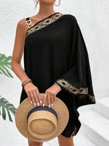 Breezaya 不对称领女式几何印花直筒连衣裙，带拼布设计度假海滩装 - 黑色 - 查看 6