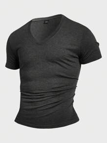Manfinity Homme Men Plain V-Neck Short Sleeve T-Shirt, For Gym - Grey - View 3