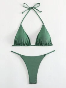 Swim Mod Summer Beach Women's Solid Color Bikini Set - Green - View 3