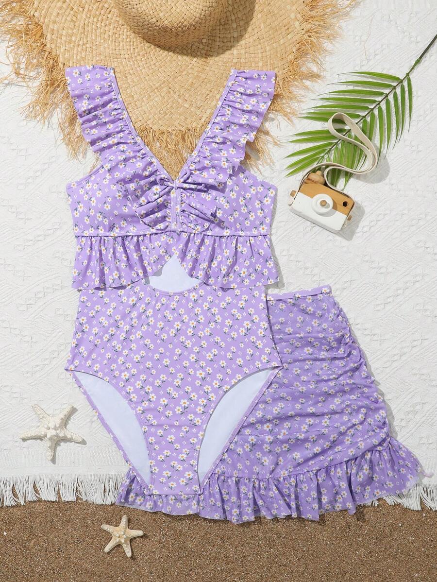 少女印花泳裝,前面設有空心設計和荷葉邊細節,折疊側邊的裙裝泳裝,2入組