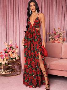 SHEIN Unity Floral Print Cut Out Split Dress - Red and Black - View 5