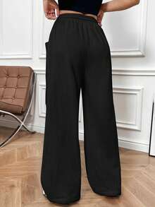 SHEIN EZwear Drawstring Waist Wide Leg Cotton Pants - Black - View 2