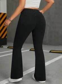 SHEIN EZwear Jeans acampanados de unicolor talla grande - Negro - Ver 2