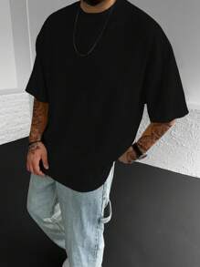 Manfinity Homme Nam Màu thuần Sọc Kết cấu Ngắn tay Áo thun - màu đen - Xem 3