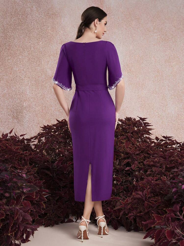 Women's Solid Color Square Neckline Split Hem Dress Long Evening Dresses