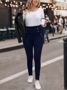 SHEIN Clasi Women's Simple Plus Size Leggings - Navy Blue - View 6