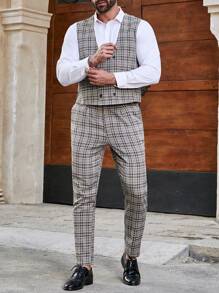 Manfinity Mode Conjunto De Traje De Cuadros De Doble Botonadura De Talla Grande Para Hombres - Gris - Ver 6