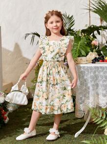 SHEIN Young Girl Holiday Big Floral Print Shirred Top & Ruffle Hem Skirt Set - Multicolor - View 6