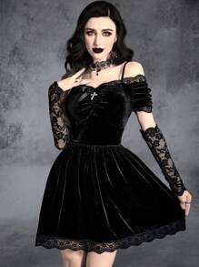 Gothic Mini Velvet Dress With Contrast Lace, Scallop Trim, Ruched Bust And Arm Sleeves - Black - View 1