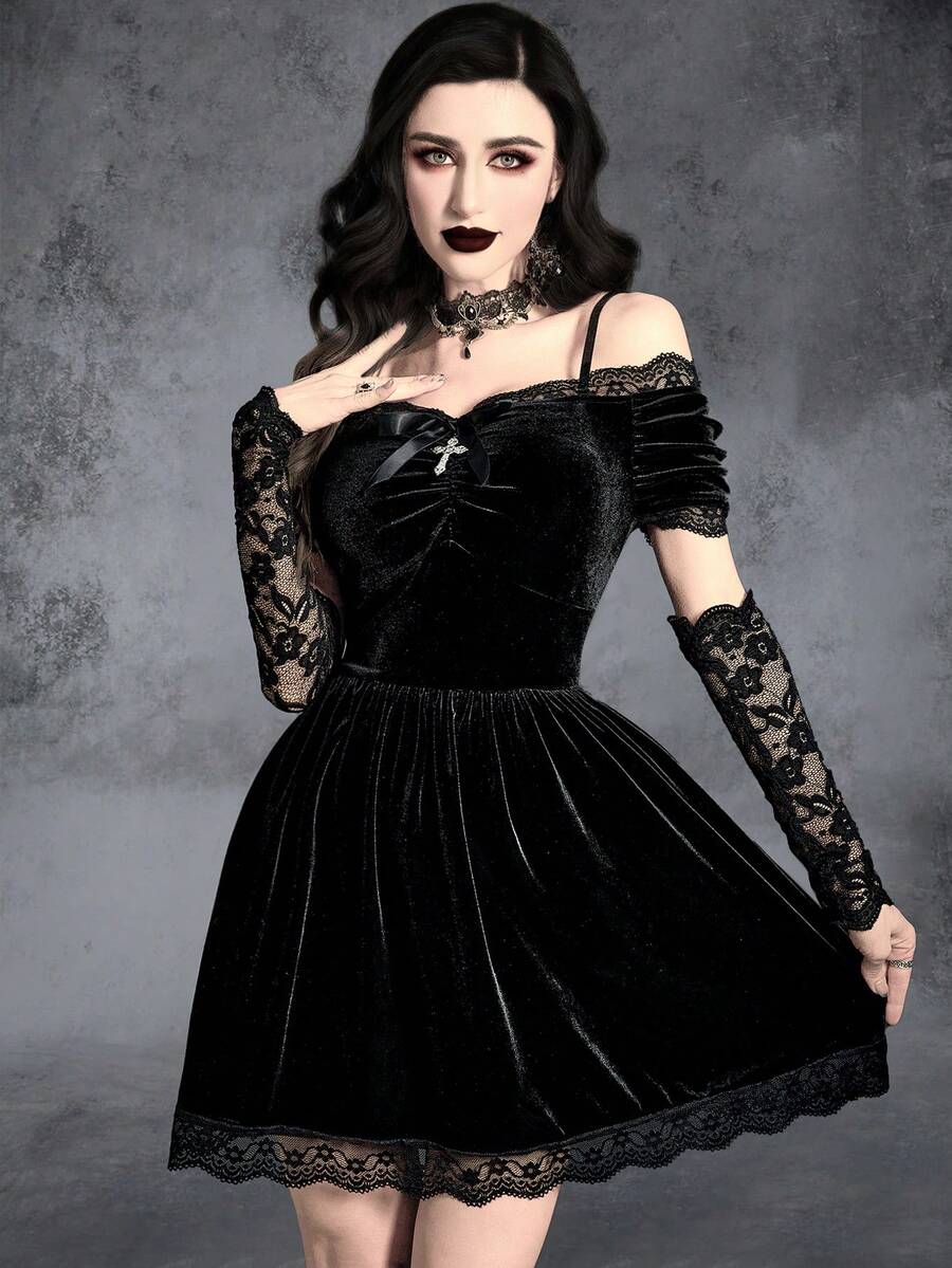Gothic Mini Velvet Dress With Contrast Lace, Scallop Trim, Ruched Bust And Arm Sleeves - Black - View 1