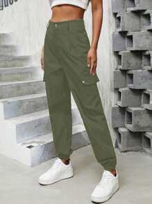 SHEIN Unity 女款休閒慢跑褲,附袖口,工裝風格 - 軍綠色 - 查看 1