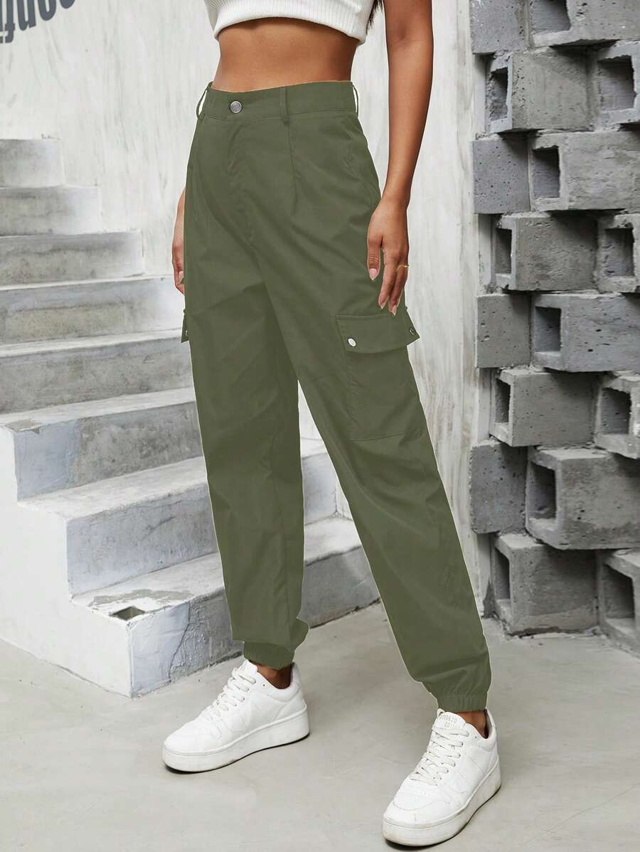 SHEIN Unity 女款休閒慢跑褲,附袖口,工裝風格 - 軍綠色 - 查看 1