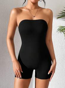 SHEIN PETITE Quý cô Màu thuần Quây Romper - màu đen - Xem 1