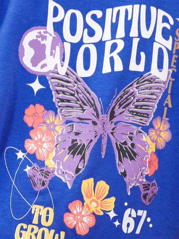 Camiseta De Manga Corta Casual Con Hombro Caído Para Niñas Preadolescentes Con Estampado De Mariposas Y Letras Para Días Festivos