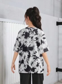 SHEIN Tween 女孩休閒運動圓領落肩心形圖案紮染短袖夏季 T 卹 - 黑色 - 查看 2