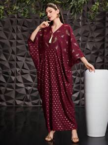 Al Najma Geo Print Burgundy Red Elegant Women's Kaftan Dress