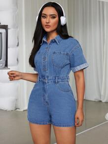 SHEIN ICON 休閒寬鬆女款牛仔短袖連身褲藍色 - 藍色 - 查看 5