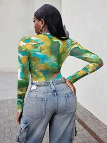 VaVaBold Vòng cổ Đầy màu sắc In Tay áo dài Áo thun - màu xanh lá - Xem 2