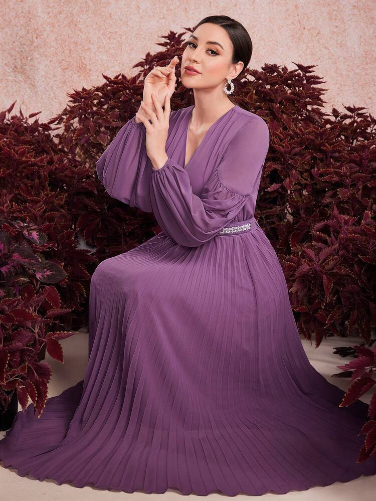 Wrap-Neckline Lantern Sleeve Dress With Pleated Hem Fall Cloth For Women