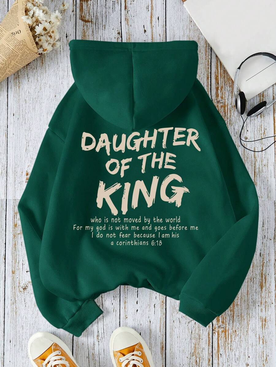 SHEIN EZwear 女士加大码绿色标语印花卫衣 - 墨綠色 - 查看 1