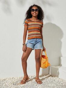 SHEIN 青少女日常休閒針織條紋和印花圓領長袖上衣 - 彩色 - 查看 3