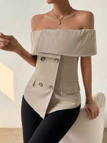 Chiquease Camisa Entallada Con Escote Banda Y Hombros Descubiertos - Albaricoque - Ver 3