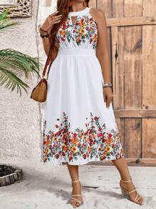 SHEIN LUNE Plus Size Sleeveless Floral Print Dress With Keyhole Neckline - White - View 1