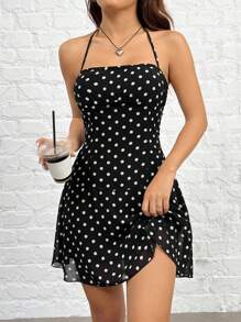 SHEIN EZwear Ladies' Black Polka Dot Halter Neck Dress