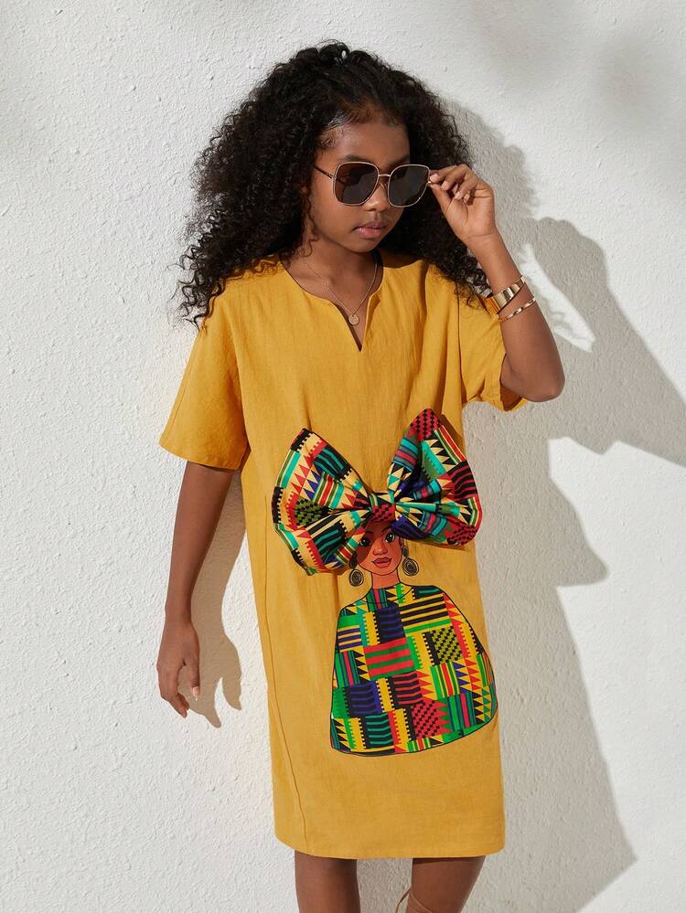 Tween Girls' Daily Casual Short Sleeve V-Neck Dress With Circular Notch For Spring/Summer