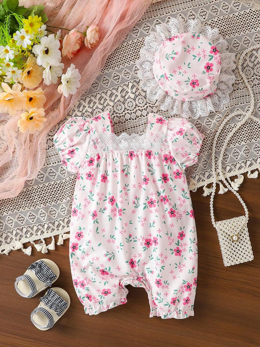 2入組舒適透氣快乾嬰兒女童花卉印花蕾絲裝飾泡泡短袖扣子連洋裝帽,適用於春夏 - 紅白色 - 查看 1