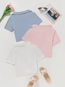 SHEIN Unity 女士純色條紋紋面尖領polo恤 - 彩色 - 查看 2