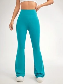 SHEIN Daily&Casual 女款純色高腰喇叭運動褲 - 綠色 - 查看 3