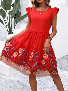 SHEIN VCAY Women's Floral Embroidery Dress With Ruffle Hem - Red - View 1