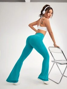 SHEIN Daily&Casual 女款純色高腰喇叭運動褲 - 綠色 - 查看 4