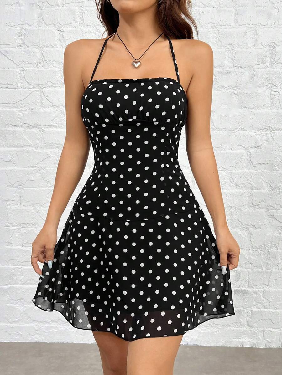 SHEIN EZwear Ladies' Black Polka Dot Halter Neck Dress