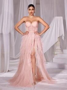 Faeriesty 女士优雅无肩带及地正式礼服，饰有蕾丝细节和多层精致薄纱裙摆——是婚礼、正式晚宴、派对、庆典和夏季度假的理想之选。 - 藕粉色 - 查看 2